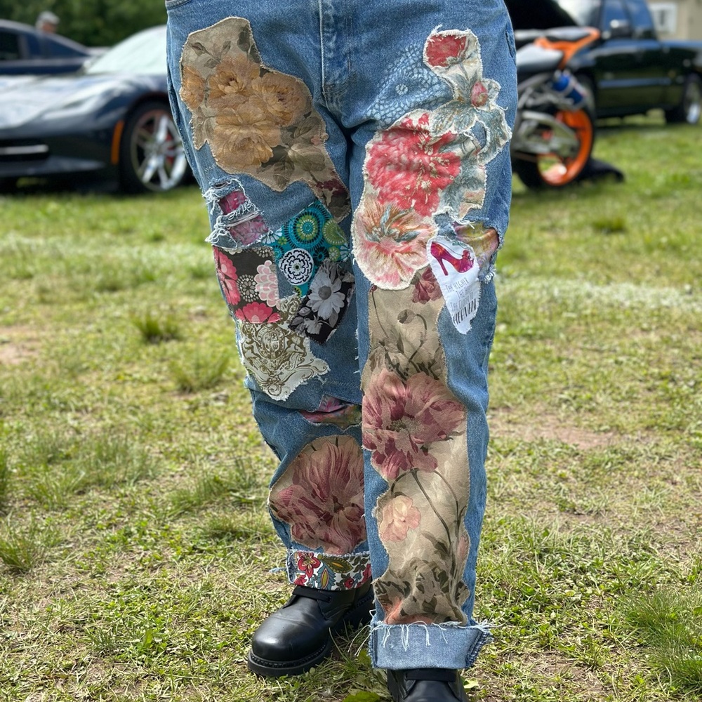 Magnolia  Pearl inspired floral Patchwork Blue Jeans